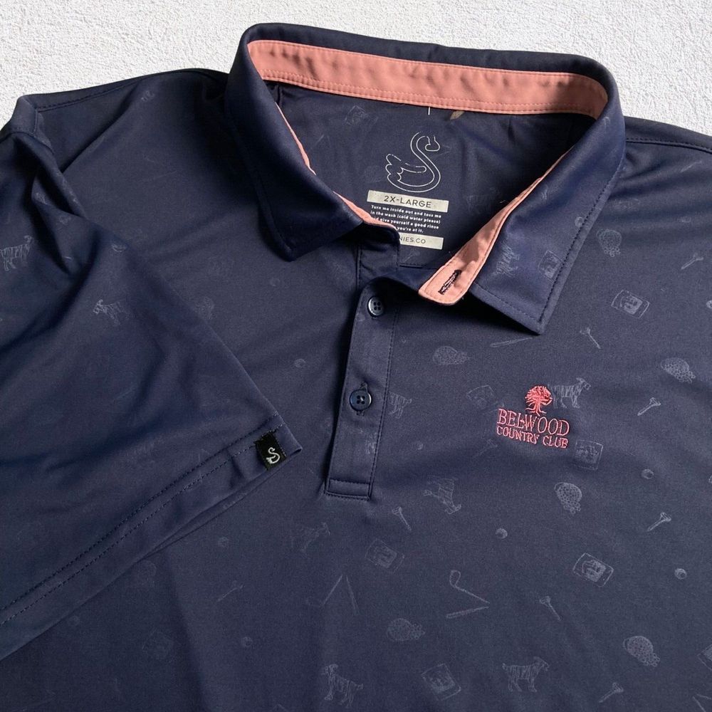 Swannies Golf Polo Men 2XL Navy Performance All Over Print Goats Belwood CC Logo